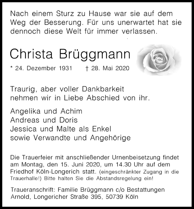  Traueranzeige für Christa Brüggmann vom 06.06.2020 aus Kölner Stadt-Anzeiger / Kölnische Rundschau / Express