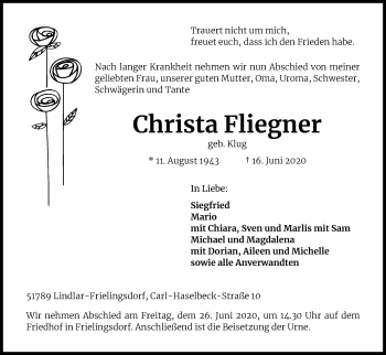 Anzeige von Christa Fliegner von Kölner Stadt-Anzeiger / Kölnische Rundschau / Express