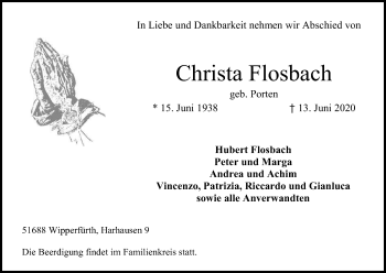 Anzeige von Christa Flosbach von Kölner Stadt-Anzeiger / Kölnische Rundschau / Express