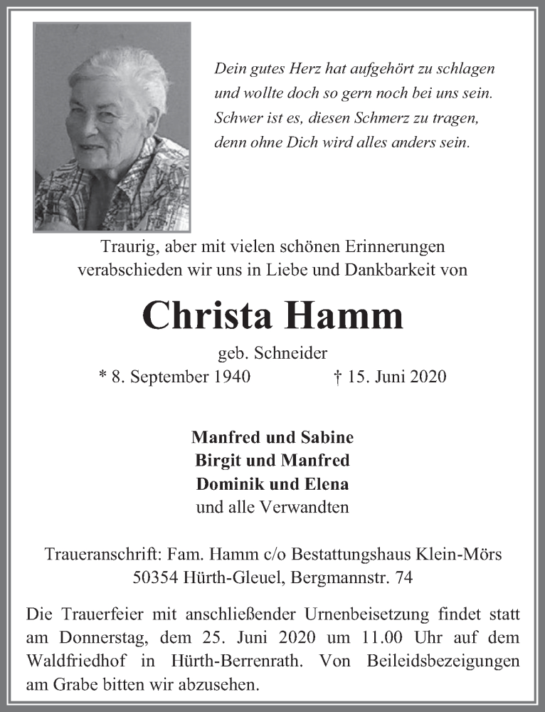  Traueranzeige für Christa Hamm vom 19.06.2020 aus  Wochenende 