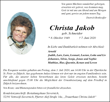 Anzeige von Christa Jakob von  Blickpunkt Euskirchen 