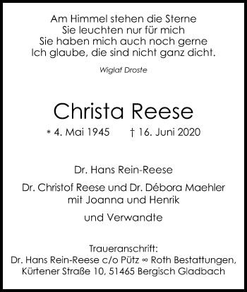 Anzeige von Christa Reese von Kölner Stadt-Anzeiger / Kölnische Rundschau / Express