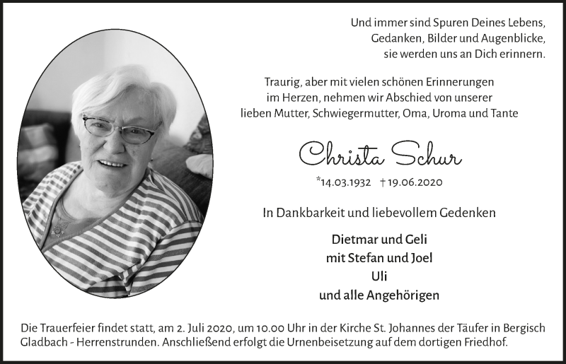  Traueranzeige für Christa Schur vom 26.06.2020 aus  Bergisches Handelsblatt 