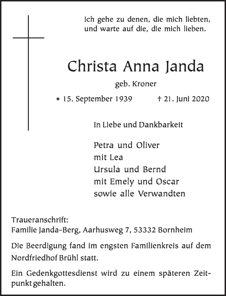  Traueranzeige für Christa Anna Janda vom 26.06.2020 aus  Schlossbote/Werbekurier 