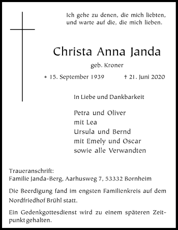Anzeige von Christa Anna Janda von Kölner Stadt-Anzeiger / Kölnische Rundschau / Express