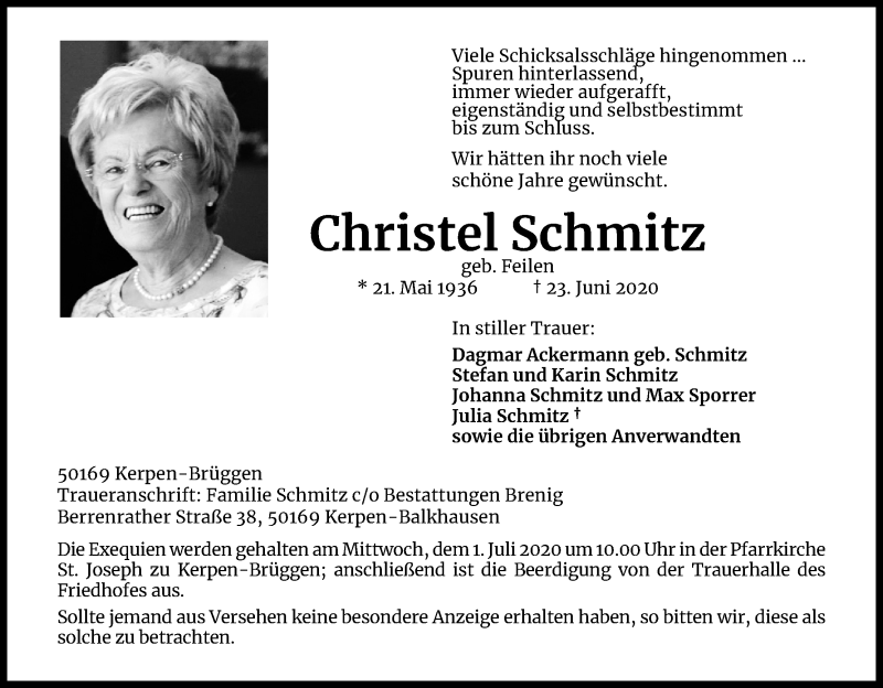 Traueranzeige für Christel Schmitz vom 27.06.2020 aus Kölner Stadt-Anzeiger / Kölnische Rundschau / Express