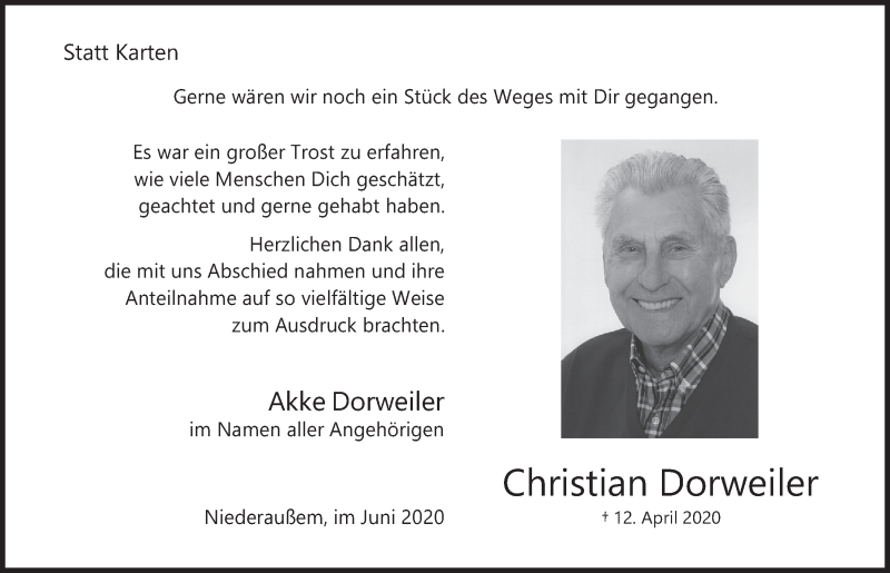  Traueranzeige für Christian Dorweiler vom 12.06.2020 aus  Werbepost 