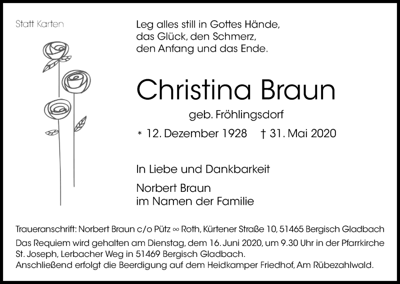  Traueranzeige für Christina Braun vom 10.06.2020 aus Kölner Stadt-Anzeiger / Kölnische Rundschau / Express