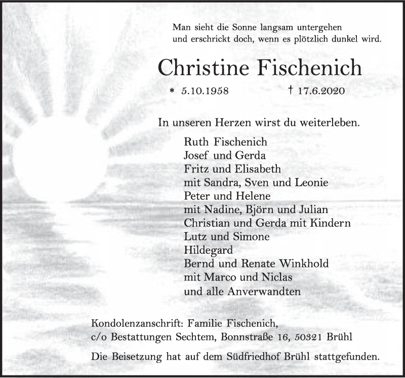  Traueranzeige für Christine Fischenich vom 26.06.2020 aus  Schlossbote/Werbekurier 