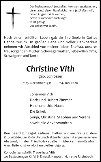 Anzeige von Christine Vith von Kölner Stadt-Anzeiger / Kölnische Rundschau / Express