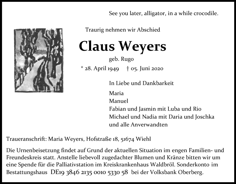  Traueranzeige für Claus Weyers vom 13.06.2020 aus Kölner Stadt-Anzeiger / Kölnische Rundschau / Express