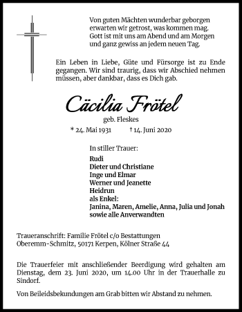 Anzeige von Cäcilia Frötel von Kölner Stadt-Anzeiger / Kölnische Rundschau / Express