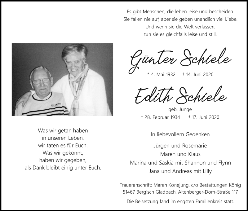  Traueranzeige für DEdith Schiele vom 27.06.2020 aus Kölner Stadt-Anzeiger / Kölnische Rundschau / Express