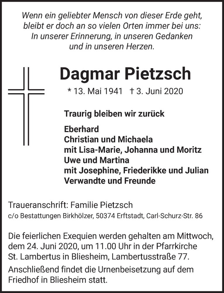  Traueranzeige für Dagmar Pietzsch vom 19.06.2020 aus  Werbepost 