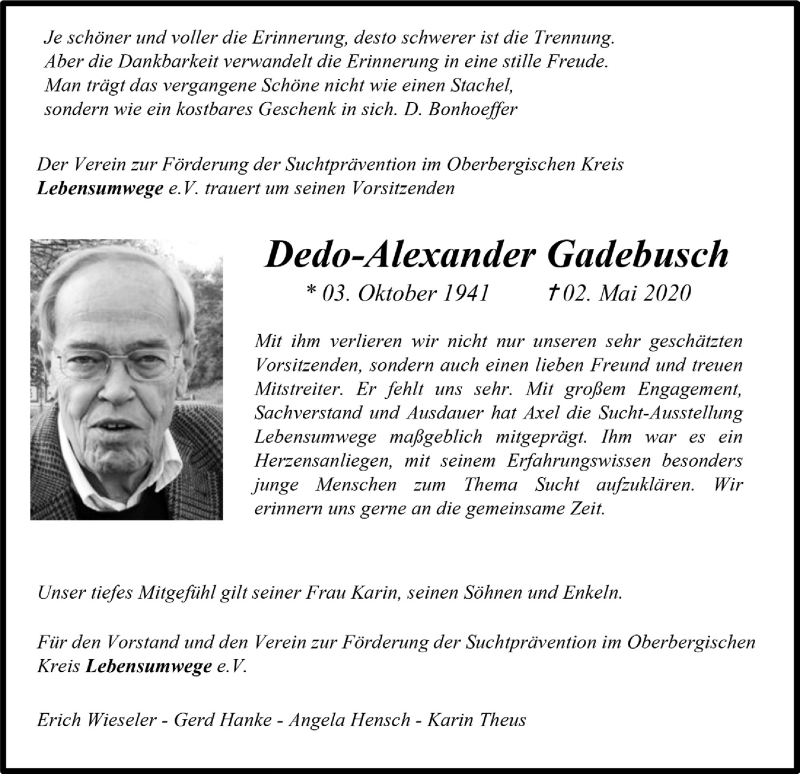  Traueranzeige für Dedo-Alexander Gadebusch vom 12.06.2020 aus  Anzeigen Echo 