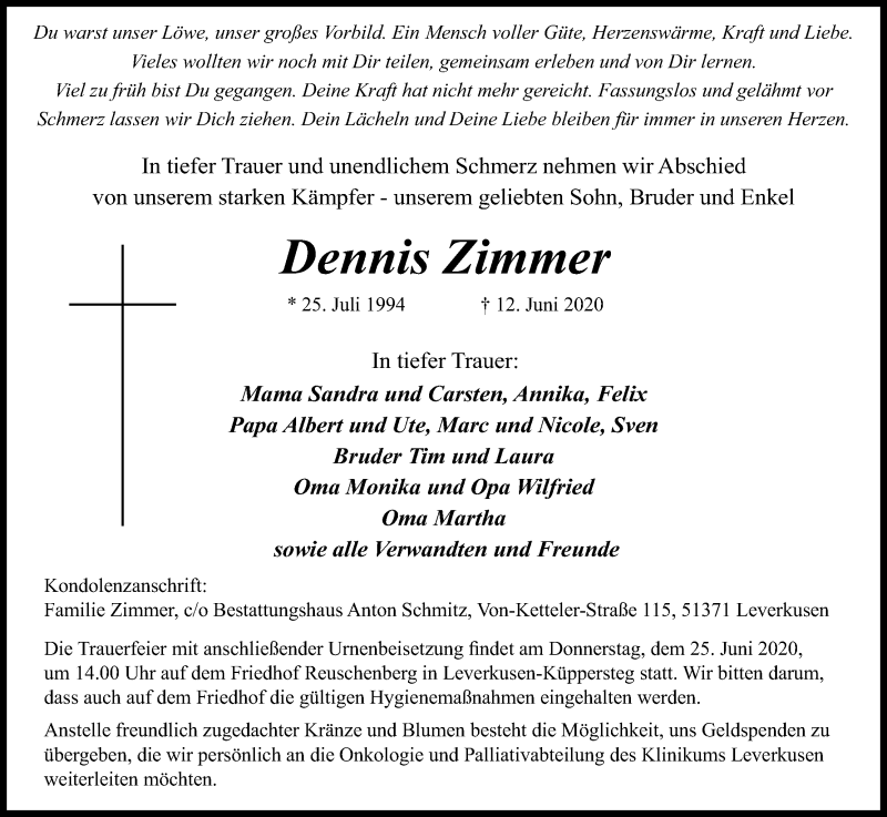  Traueranzeige für Dennis Zimmer vom 20.06.2020 aus Kölner Stadt-Anzeiger / Kölnische Rundschau / Express