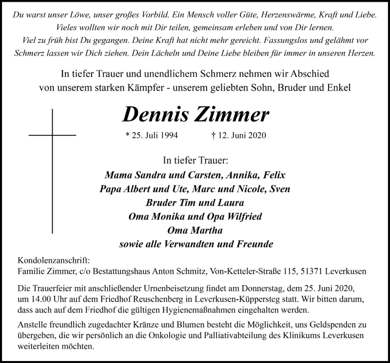  Traueranzeige für Dennis Zimmer vom 19.06.2020 aus  Lokale Informationen 