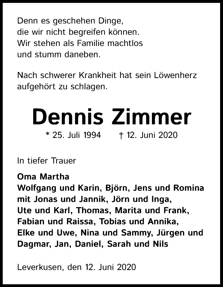 Traueranzeige für Dennis Zimmer vom 20.06.2020 aus Kölner Stadt-Anzeiger / Kölnische Rundschau / Express