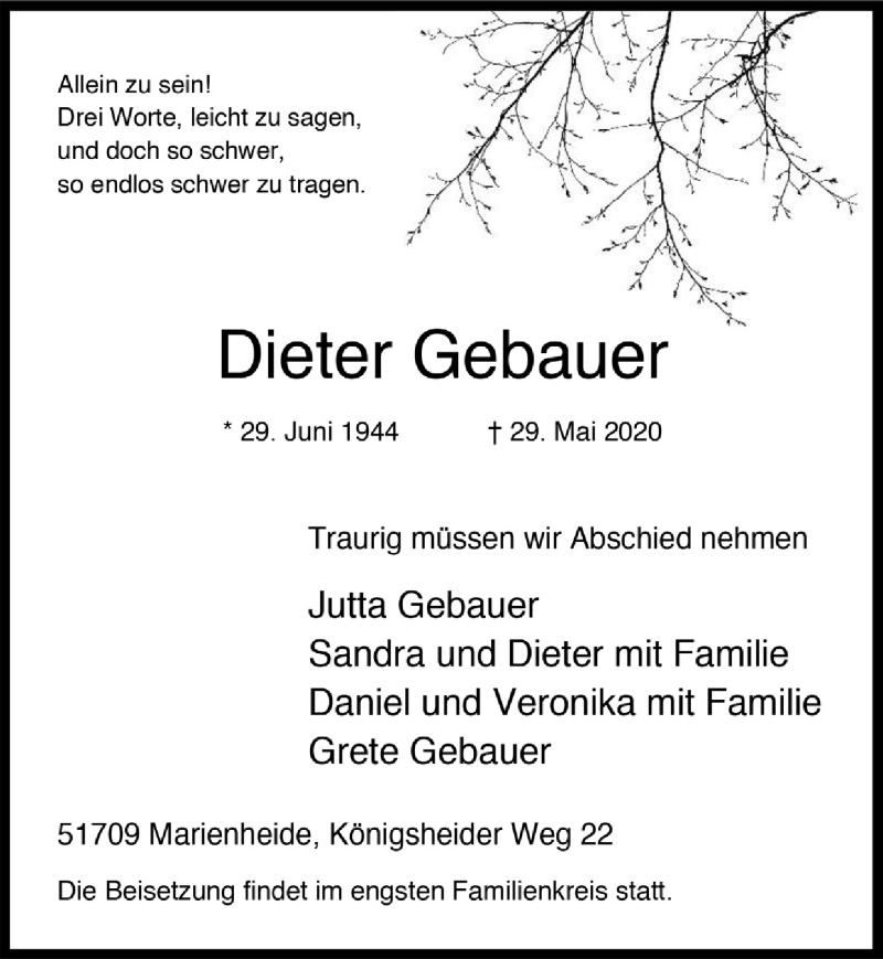  Traueranzeige für Dieter Gebauer vom 12.06.2020 aus  Anzeigen Echo 