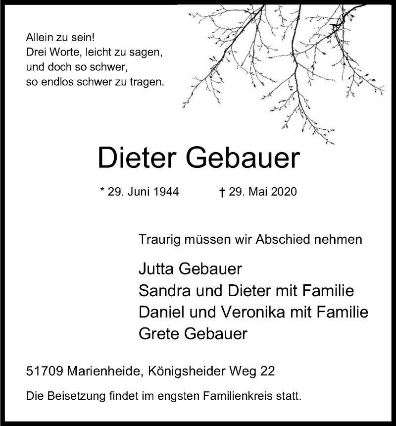  Traueranzeige für Dieter Gebauer vom 13.06.2020 aus Kölner Stadt-Anzeiger / Kölnische Rundschau / Express
