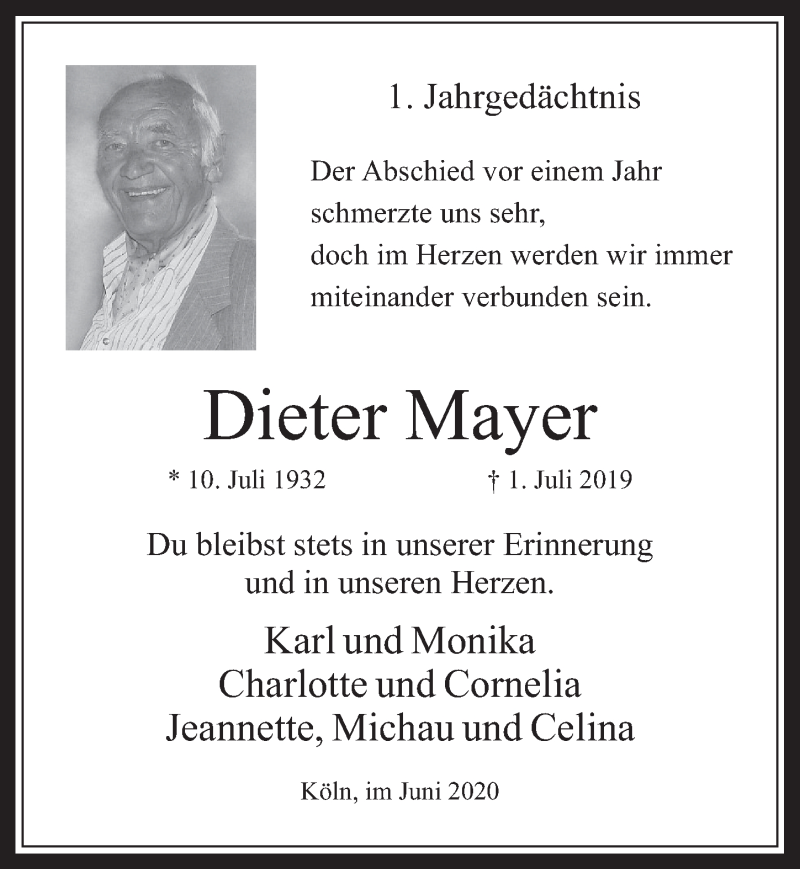  Traueranzeige für Dieter Mayer vom 26.06.2020 aus  Kölner Wochenspiegel 