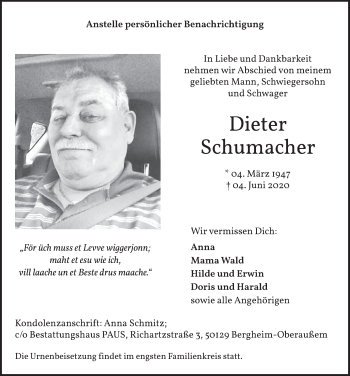 Anzeige von Dieter Schumacher von  Werbepost 