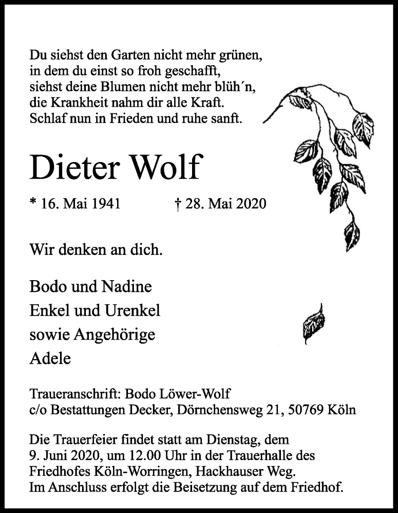  Traueranzeige für Dieter Wolf vom 03.06.2020 aus Kölner Stadt-Anzeiger / Kölnische Rundschau / Express