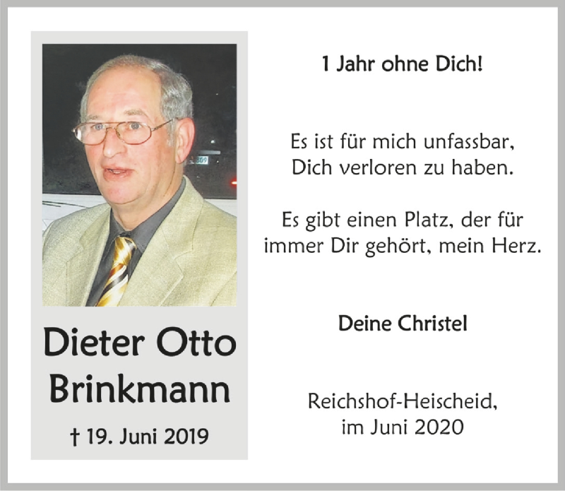  Traueranzeige für Dieter Otto Brinkmann vom 19.06.2020 aus  Anzeigen Echo 