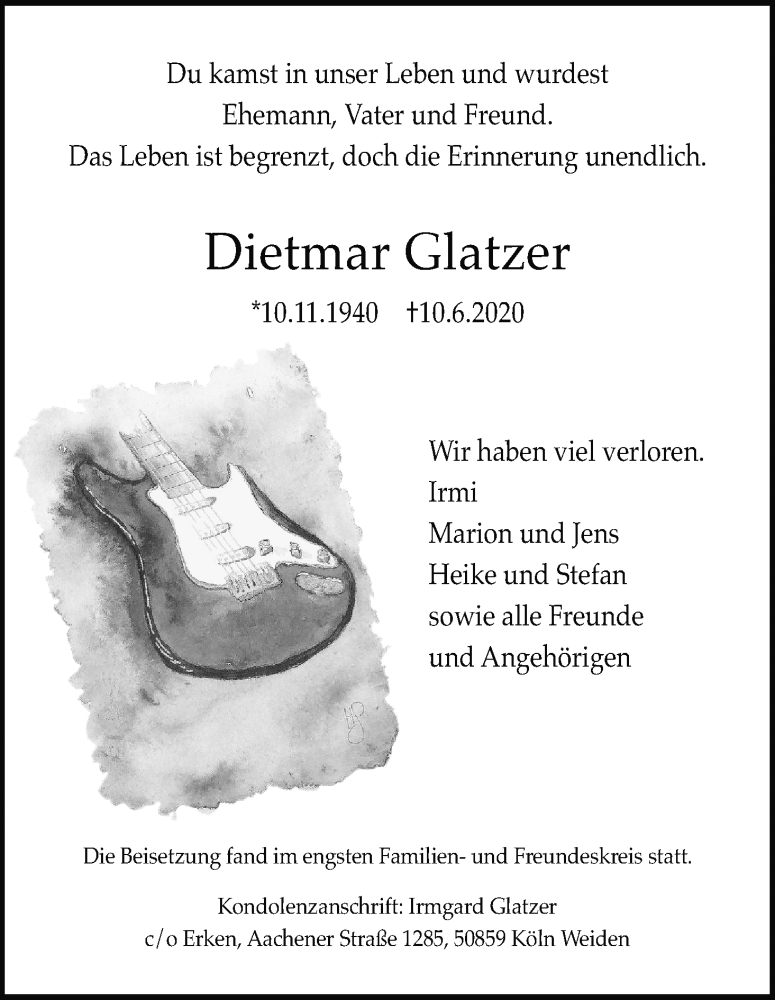  Traueranzeige für Dietmar Glatzer vom 20.06.2020 aus Kölner Stadt-Anzeiger / Kölnische Rundschau / Express