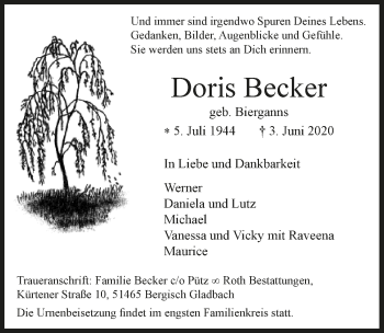Anzeige von Doris Becker von  Bergisches Handelsblatt 