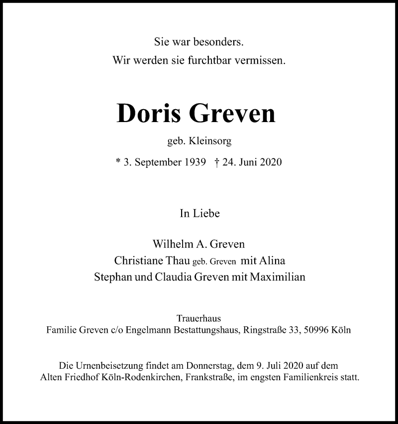  Traueranzeige für Doris Greven vom 27.06.2020 aus Kölner Stadt-Anzeiger / Kölnische Rundschau / Express
