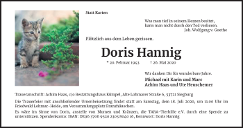 Anzeige von Doris Hannig von Kölner Stadt-Anzeiger / Kölnische Rundschau / Express