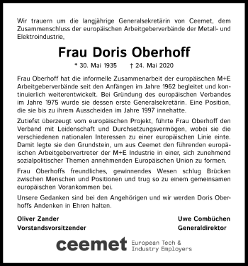 Anzeige von Doris Oberhoff von Kölner Stadt-Anzeiger / Kölnische Rundschau / Express