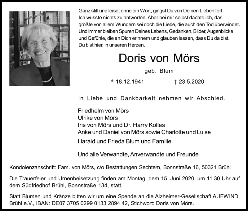  Traueranzeige für Doris von Mörs vom 06.06.2020 aus Kölner Stadt-Anzeiger / Kölnische Rundschau / Express