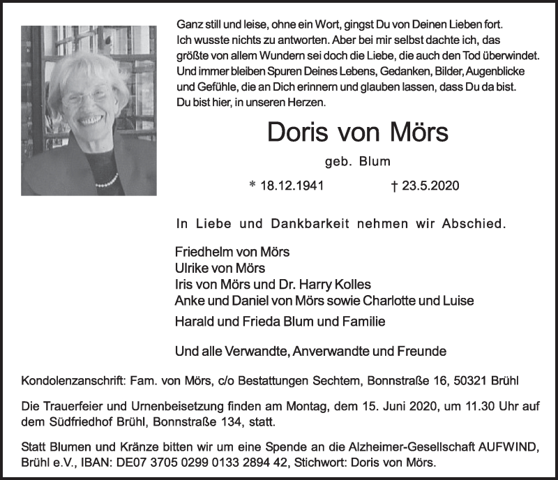  Traueranzeige für Doris von Mörs vom 05.06.2020 aus  Schlossbote/Werbekurier 