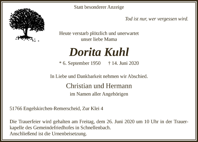  Traueranzeige für Dorita Kuhl vom 19.06.2020 aus  Anzeigen Echo 