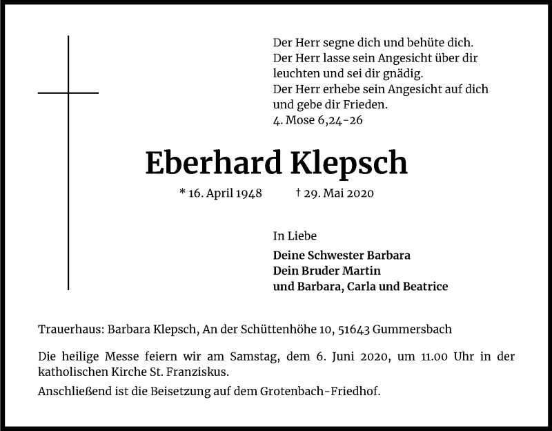  Traueranzeige für Eberhard Klepsch vom 04.06.2020 aus Kölner Stadt-Anzeiger / Kölnische Rundschau / Express