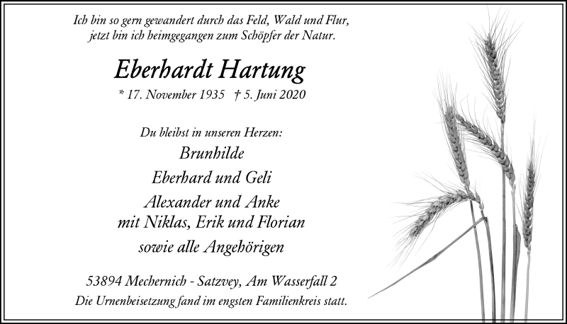  Traueranzeige für Eberhardt Hartung vom 27.06.2020 aus  Blickpunkt Euskirchen 