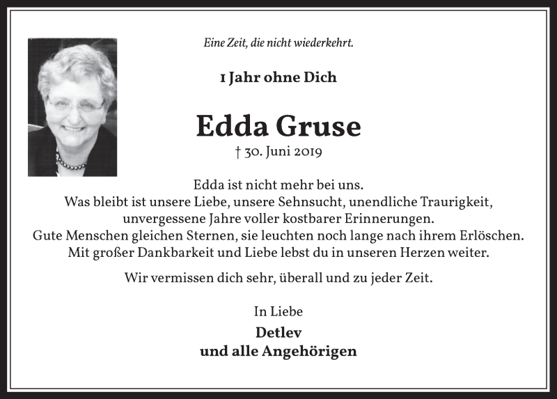 Traueranzeige für Edda Gruse vom 26.06.2020 aus  Schlossbote/Werbekurier 