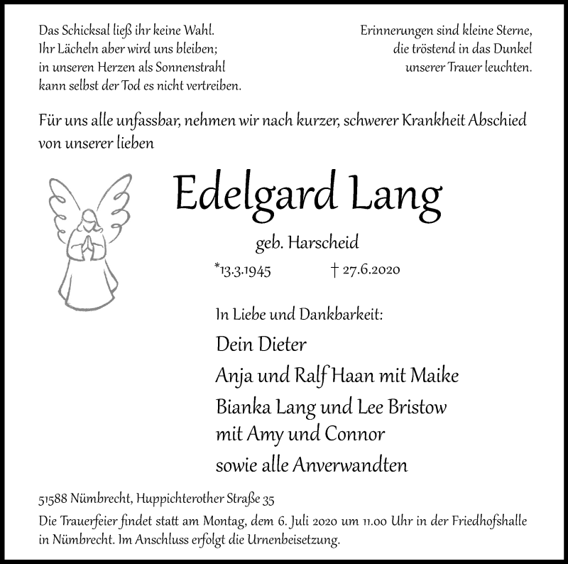  Traueranzeige für Edelgard Lang vom 01.07.2020 aus Kölner Stadt-Anzeiger / Kölnische Rundschau / Express