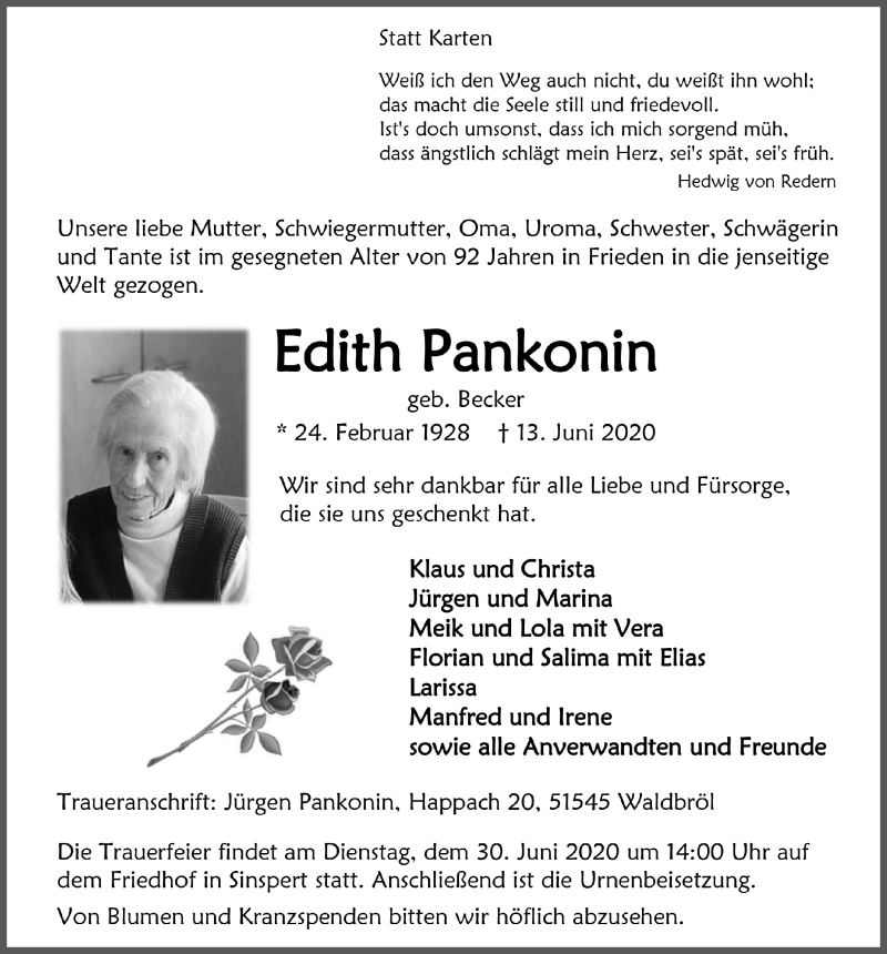 Traueranzeige für Edith Pankonin vom 26.06.2020 aus  Anzeigen Echo 