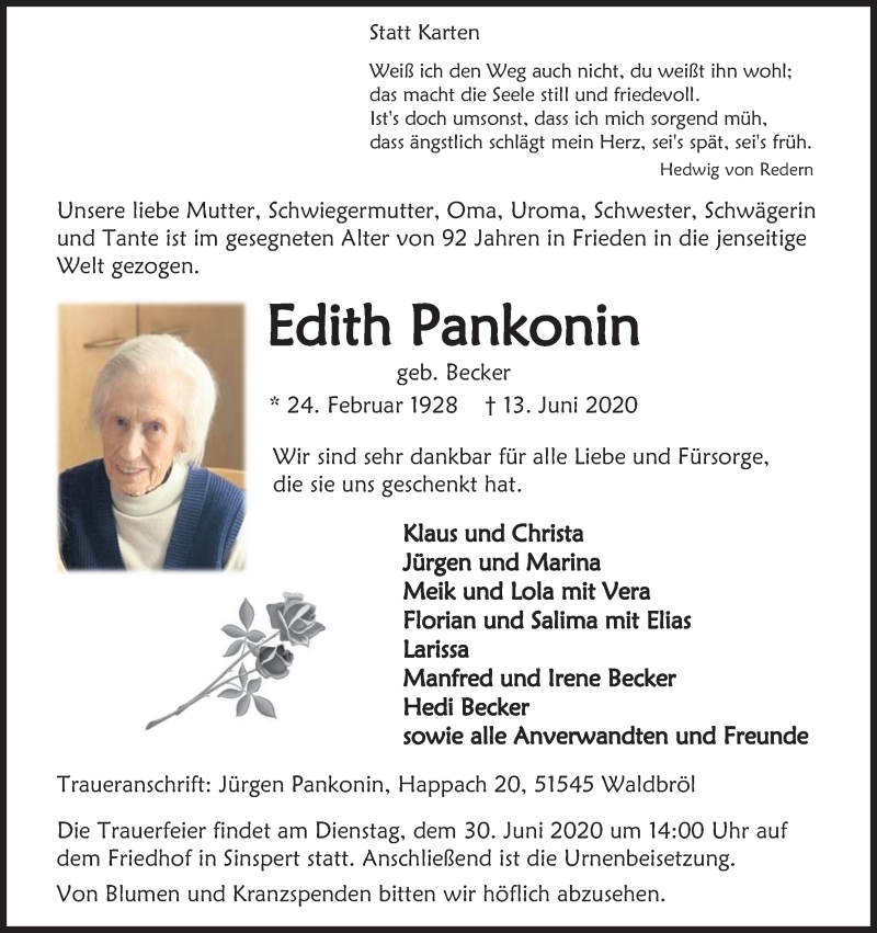  Traueranzeige für Edith Pankonin vom 20.06.2020 aus Kölner Stadt-Anzeiger / Kölnische Rundschau / Express
