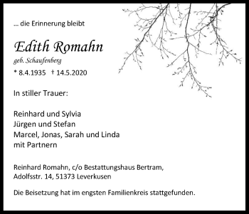 Anzeige von Edith Romahn von Kölner Stadt-Anzeiger / Kölnische Rundschau / Express