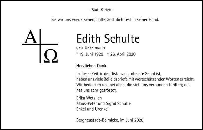  Traueranzeige für Edith Schulte vom 12.06.2020 aus  Anzeigen Echo 