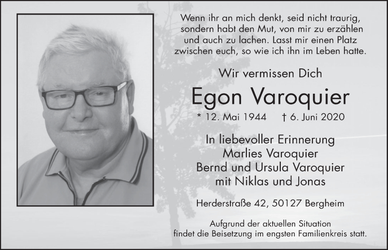  Traueranzeige für Egon Varoquier vom 12.06.2020 aus  Werbepost 