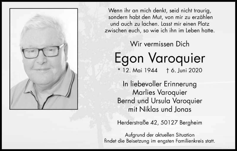  Traueranzeige für Egon Varoquier vom 13.06.2020 aus Kölner Stadt-Anzeiger / Kölnische Rundschau / Express