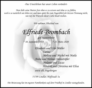 Anzeige von Elfriede Brombach von Kölner Stadt-Anzeiger / Kölnische Rundschau / Express