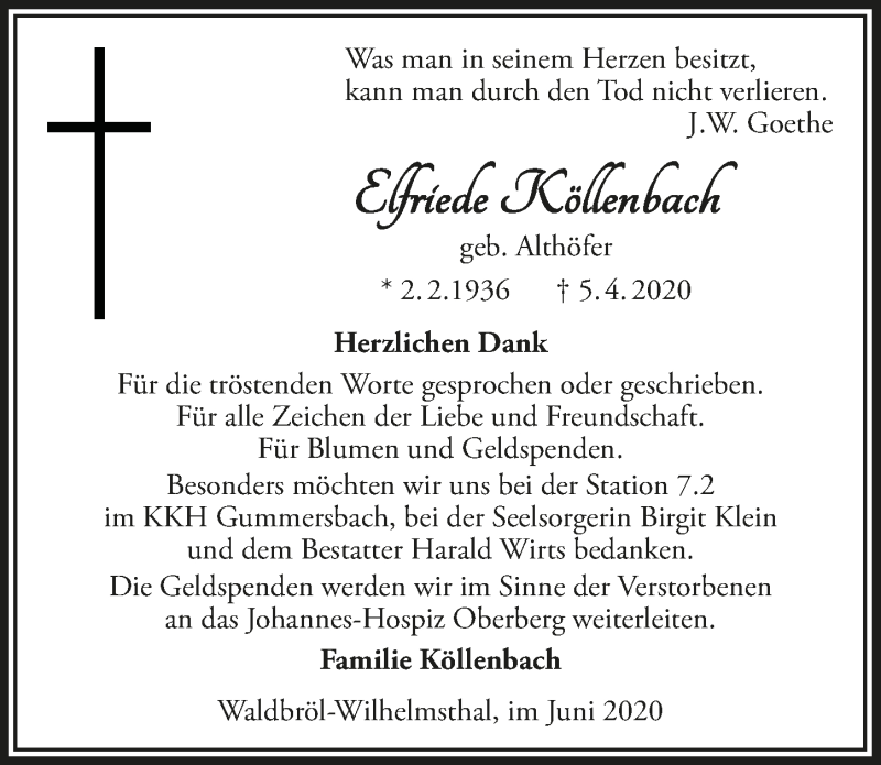  Traueranzeige für Elfriede Köllenbach vom 12.06.2020 aus  Lokalanzeiger 