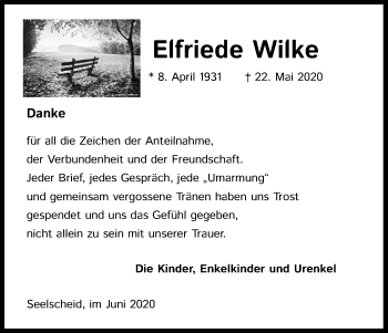 Anzeige von Elfriede Wilke von Kölner Stadt-Anzeiger / Kölnische Rundschau / Express