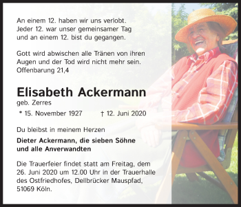 Anzeige von Elisabeth Ackermann von Kölner Stadt-Anzeiger / Kölnische Rundschau / Express
